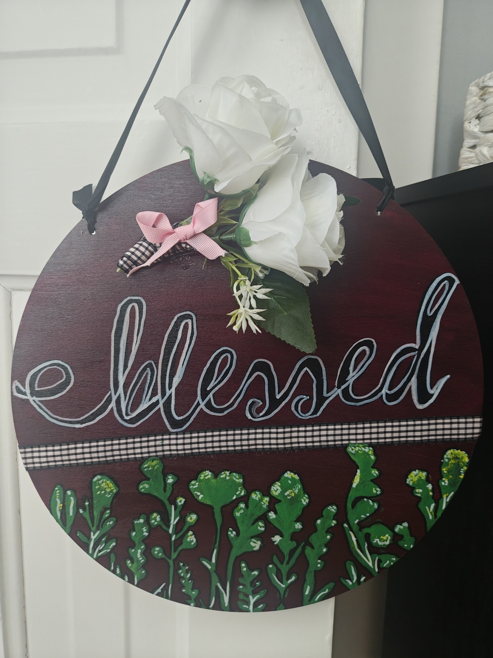 Blessed Floral Wooden Hanging Sign - Maroon & Green